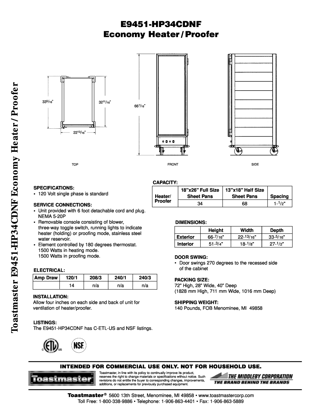 Toastmaster manual E9451-HP34CDNF Economy Heater / Proofer 