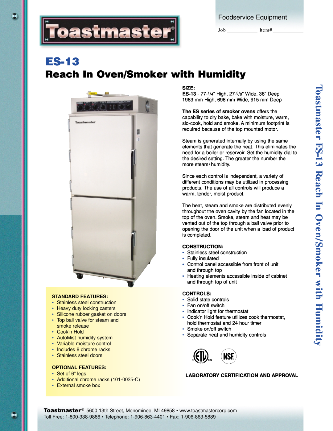 Toastmaster ES-13 manual Reach In Oven/Smoker with Humidity, Foodservice Equipment 