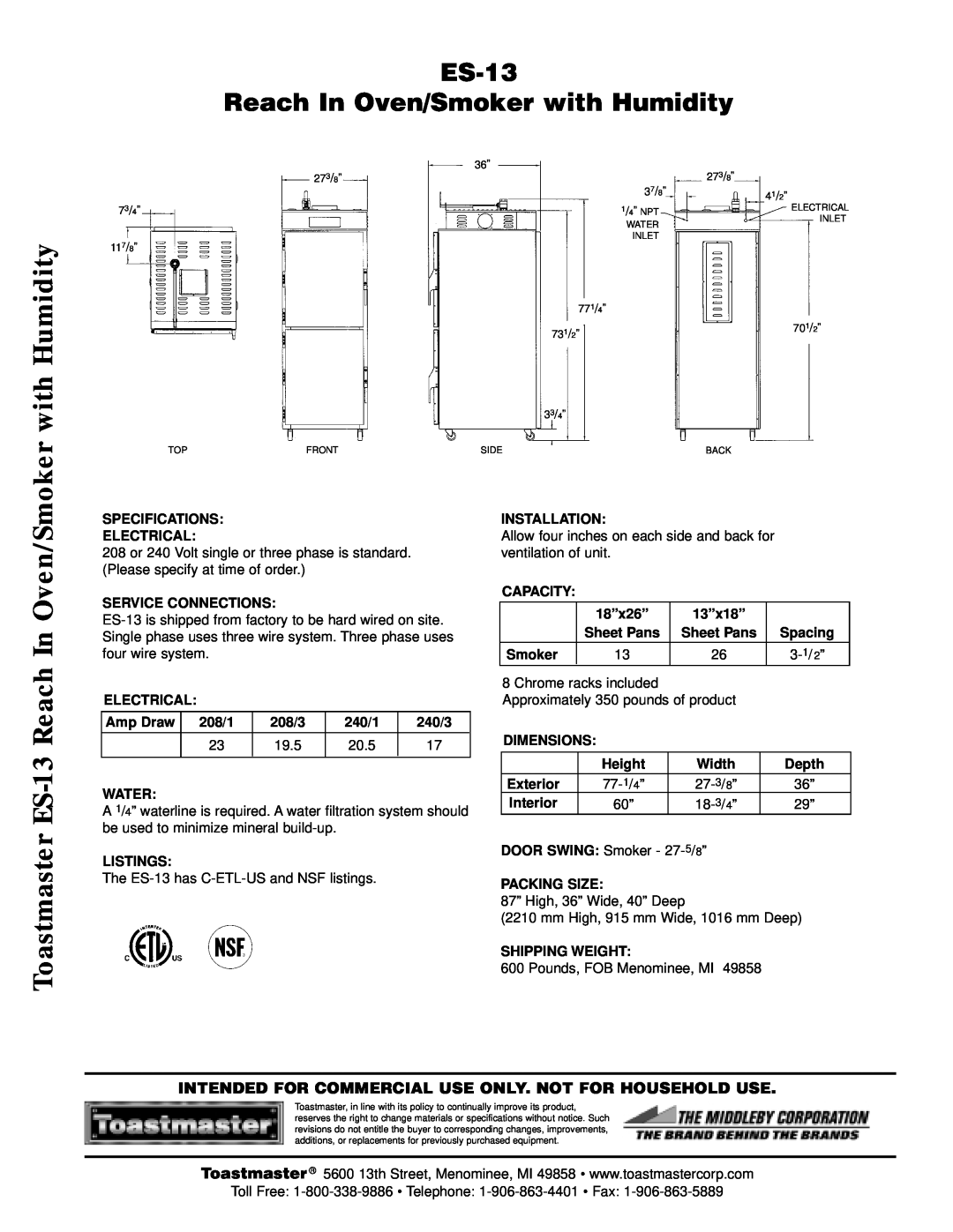 Toastmaster manual Toastmaster ES-13Reach In Oven/Smoker, ES-13 Reach In Oven/Smoker with Humidity 