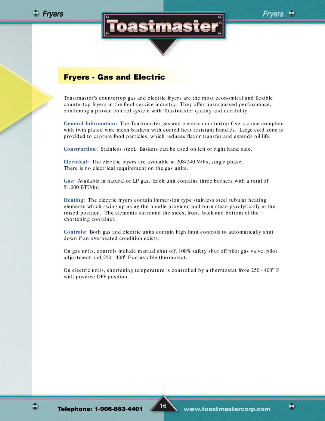 Toastmaster Gas & Electric Fryer manual Fryers Gas and Electric 