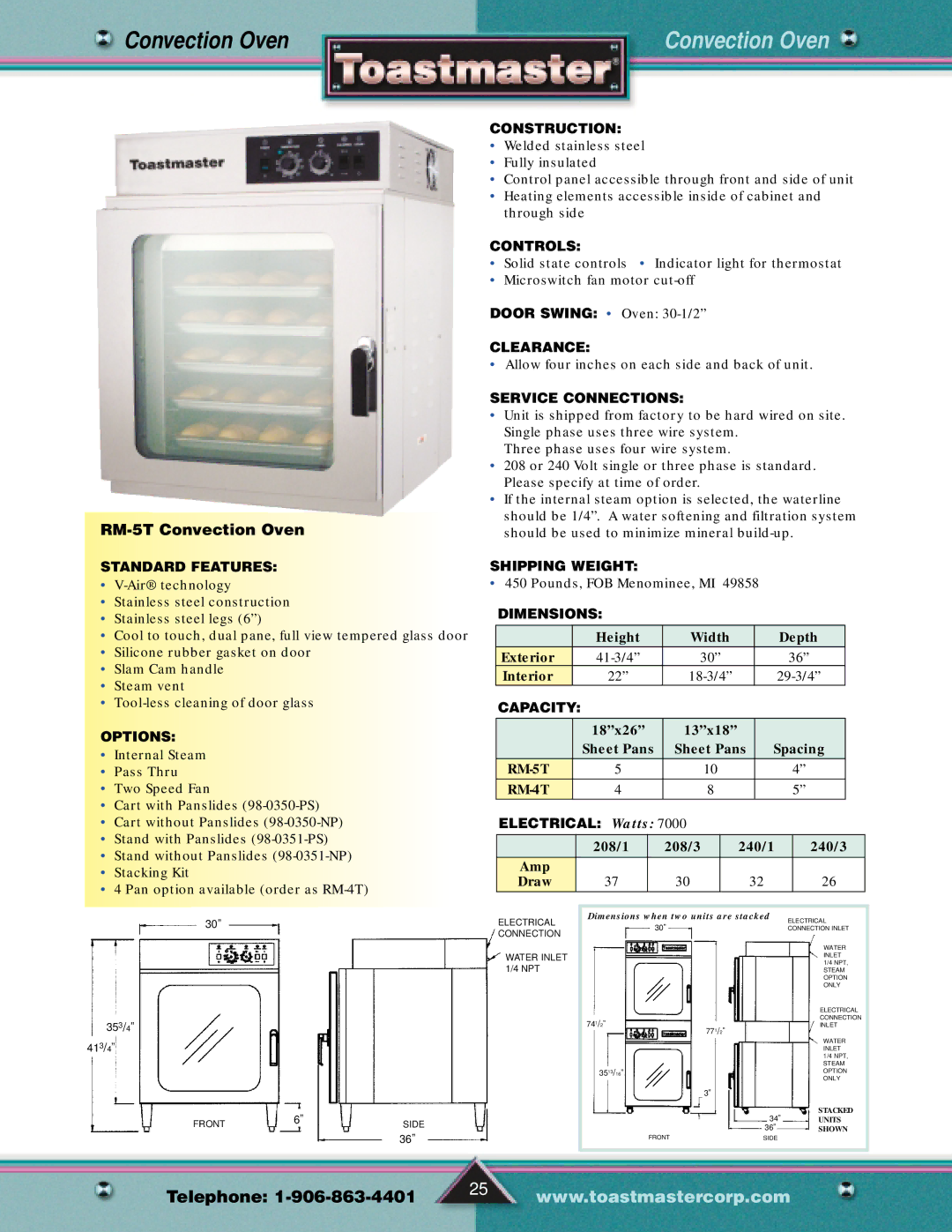 Toastmaster Gas & Electric Fryer manual RM-5T Convection Oven, 208/1 208/3 240/1 240/3 Amp Draw 