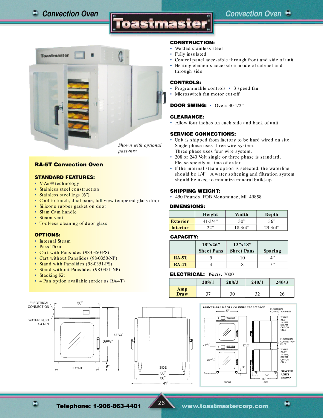 Toastmaster Gas & Electric Fryer manual RA-5T Convection Oven, 413/4 353/4 