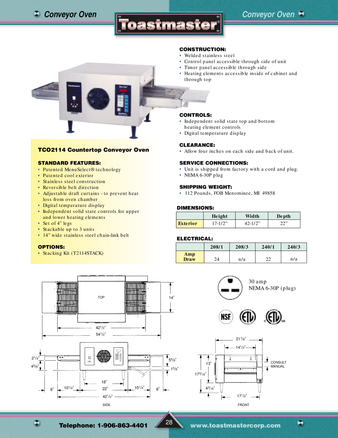 Toastmaster Gas & Electric Fryer manual TCO2114 Countertop Conveyor Oven 