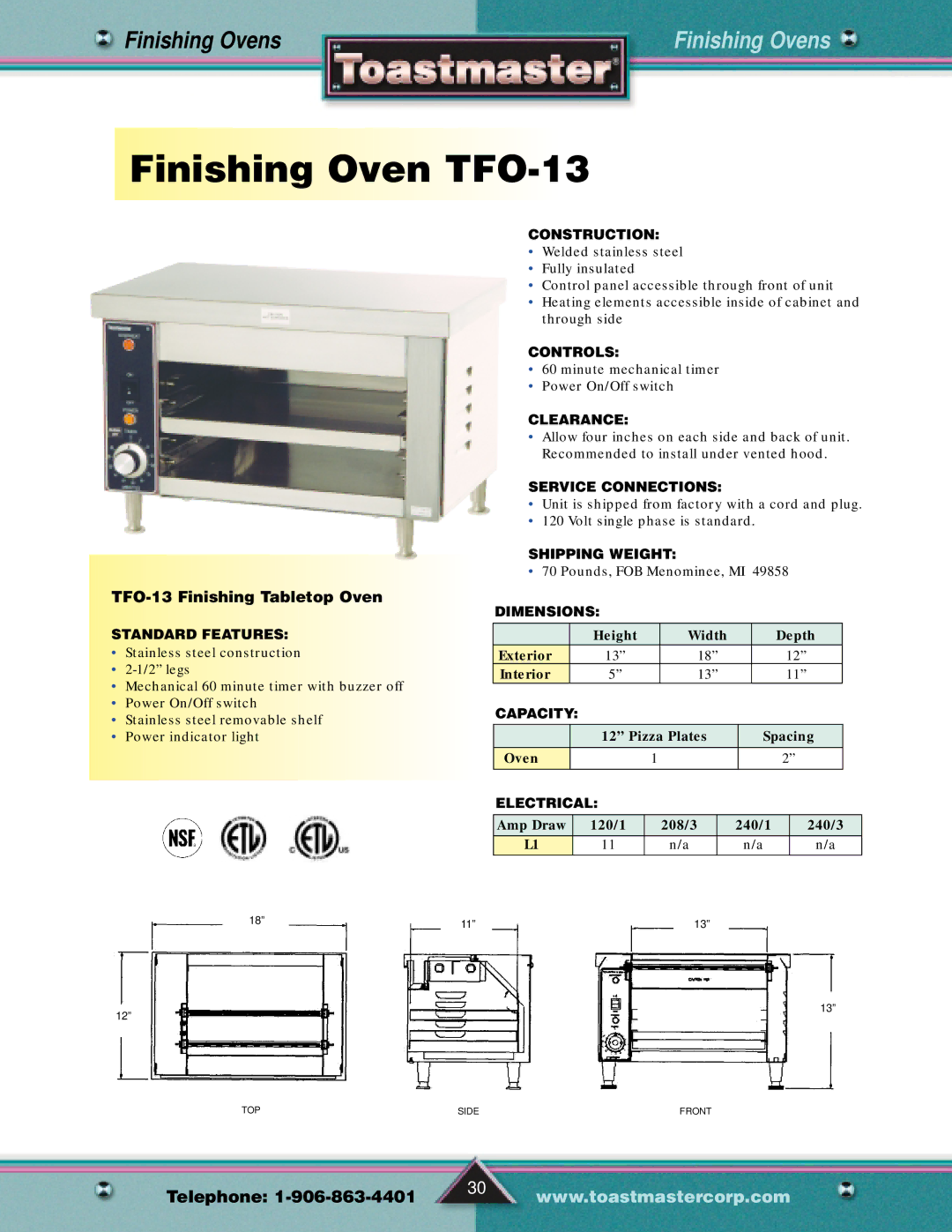 Toastmaster Gas & Electric Fryer manual Finishing Oven TFO, TFO-13 Finishing Tabletop Oven 