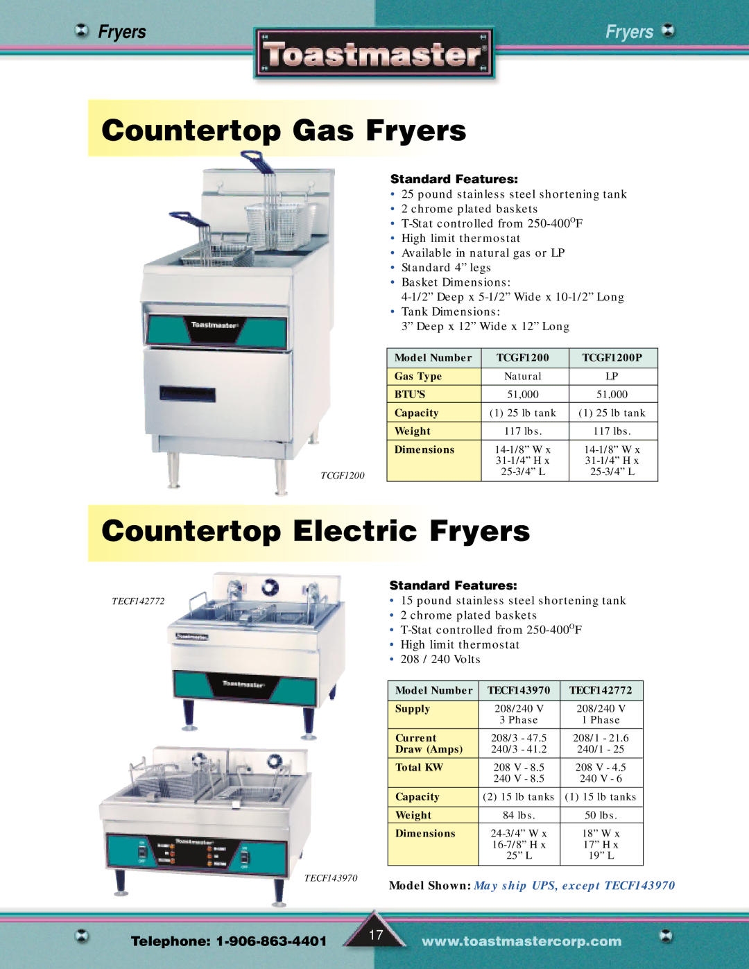 Toastmaster Gas & Electric Fryer manual Countertop Gas Fryers, Countertop Electric Fryers, Standard Features 