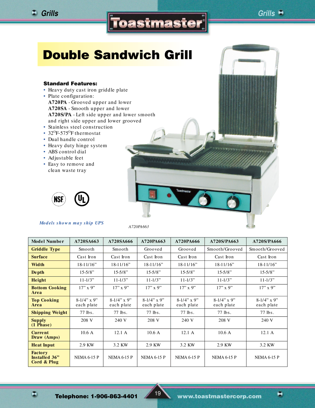 Toastmaster Gas & Electric Fryer manual Double Sandwich Grill, Models shown may ship UPS 