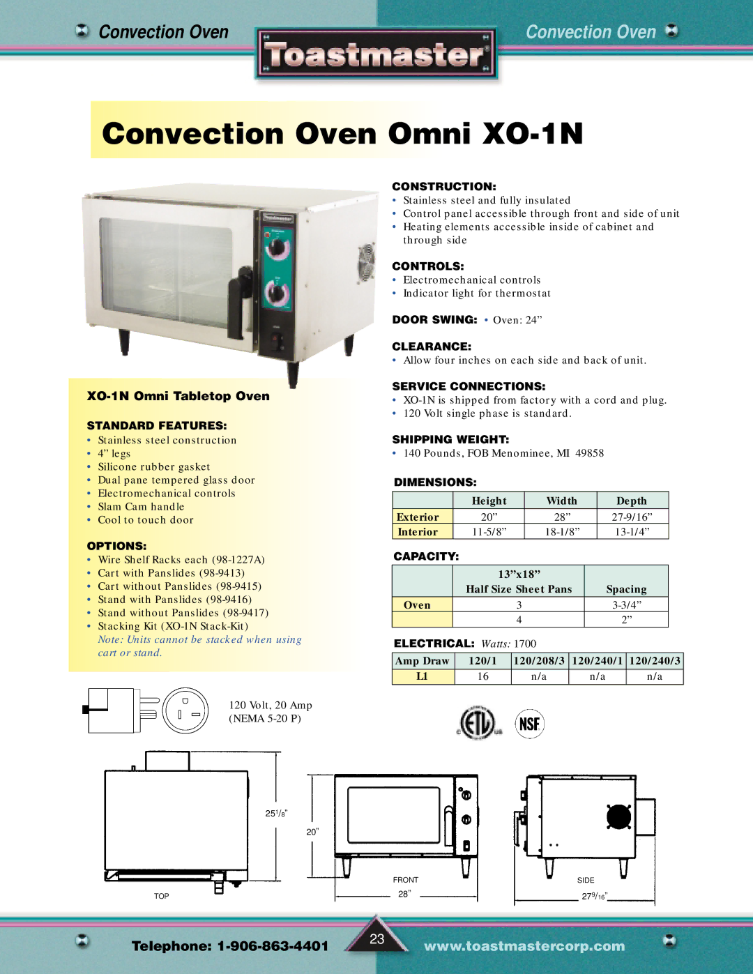 Toastmaster Gas & Electric Fryer manual Convection Oven Omni XO-1N, XO-1N Omni Tabletop Oven 