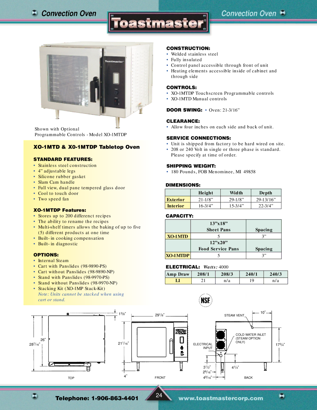 Toastmaster Gas & Electric Fryer manual XO-1MTD & X0-1MTDP Tabletop Oven, XO-1MTDP Features 