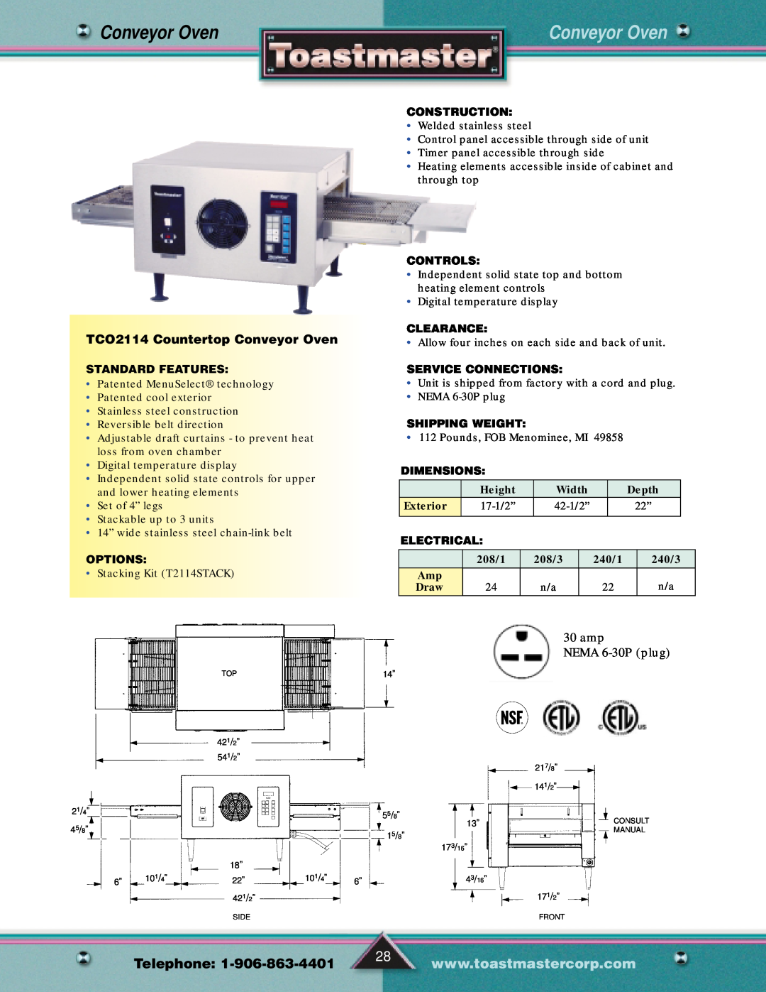 Toastmaster Gas & Electric Fryer manual TCO2114 Countertop Conveyor Oven, Telephone, amp NEMA 6-30P plug 