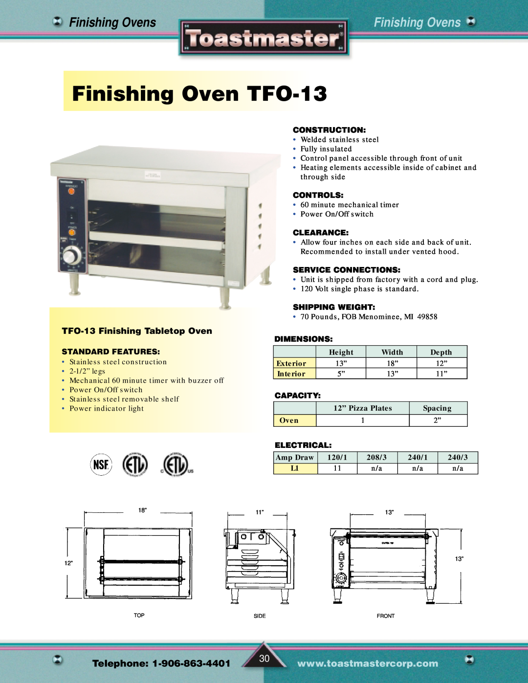 Toastmaster Gas & Electric Fryer manual FinishingOvenTFO-13, TFO-13 Finishing Tabletop Oven, Finishing Ovens, Telephone 