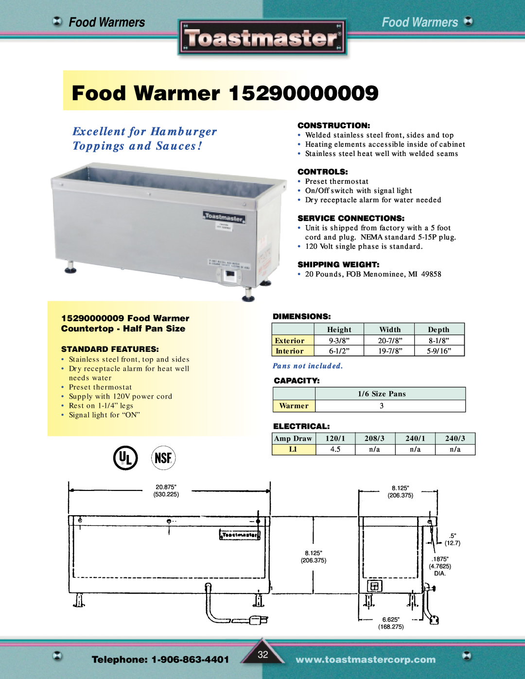 Toastmaster Gas & Electric Fryer FoodWarmer15290000009, Food Warmers, Food Warmer Countertop - Half Pan Size, Telephone 