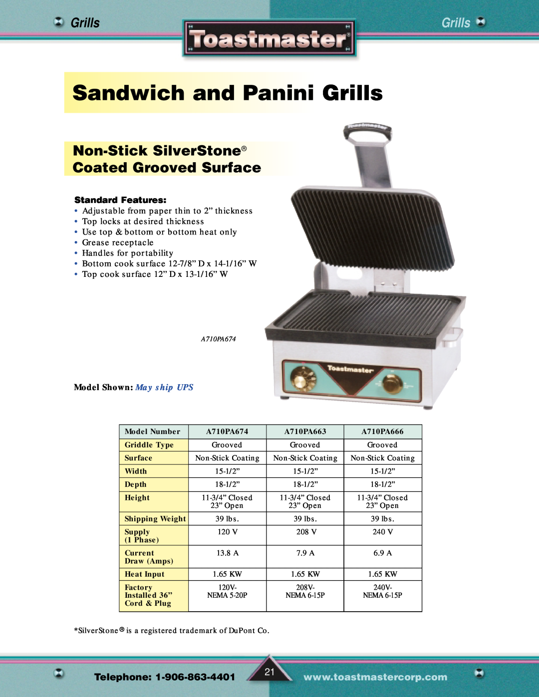 Toastmaster Gas & Electric Fryer manual SandwichandPanini Grills, Non-Stick SilverStone Coated Grooved Surface, Telephone 