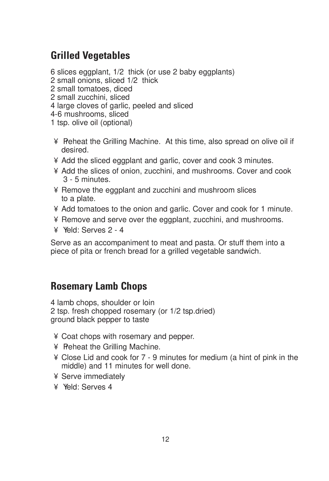 Toastmaster GRV160S owner manual Grilled Vegetables, Rosemary Lamb Chops 