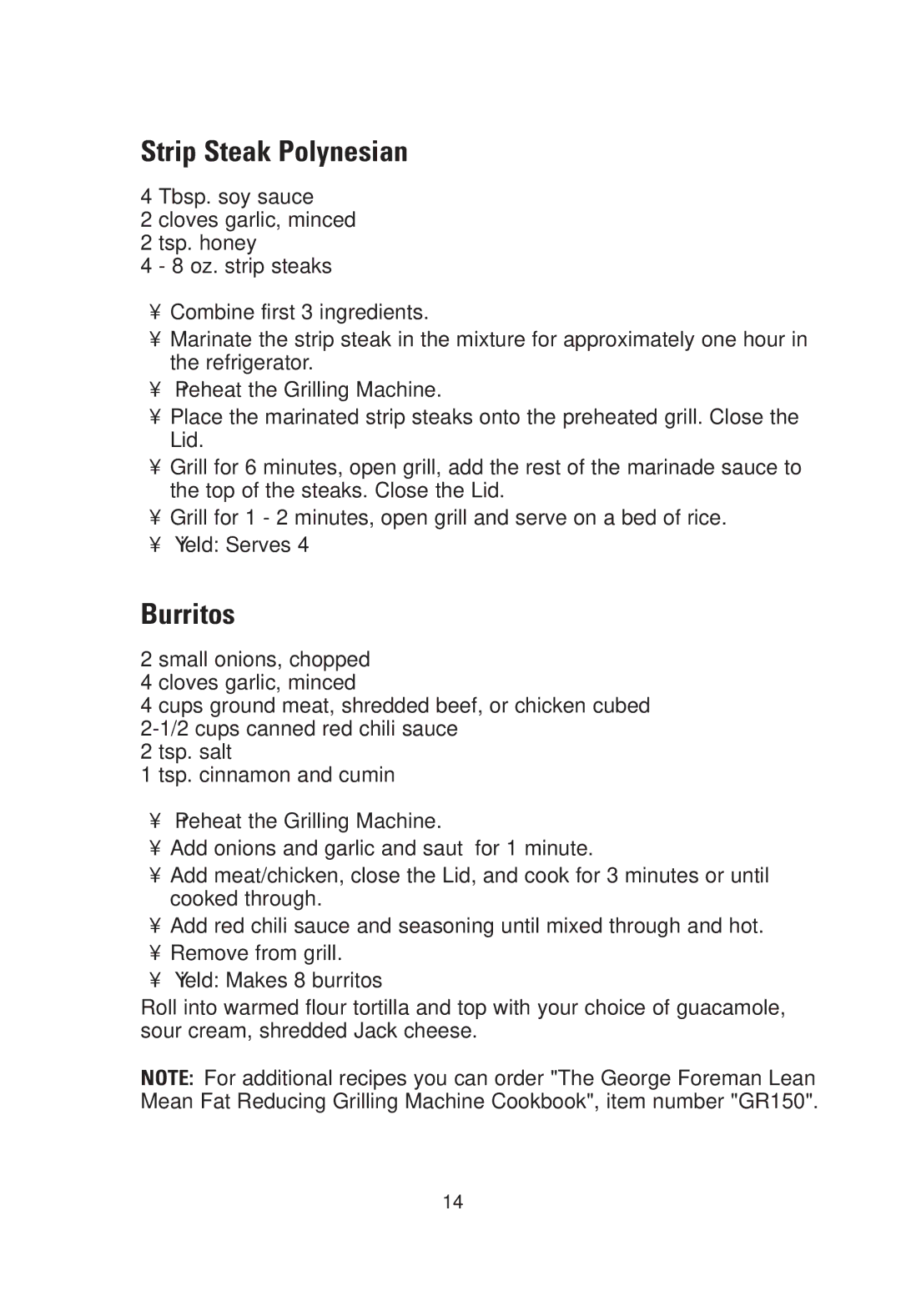 Toastmaster GRV160S owner manual Strip Steak Polynesian, Burritos 
