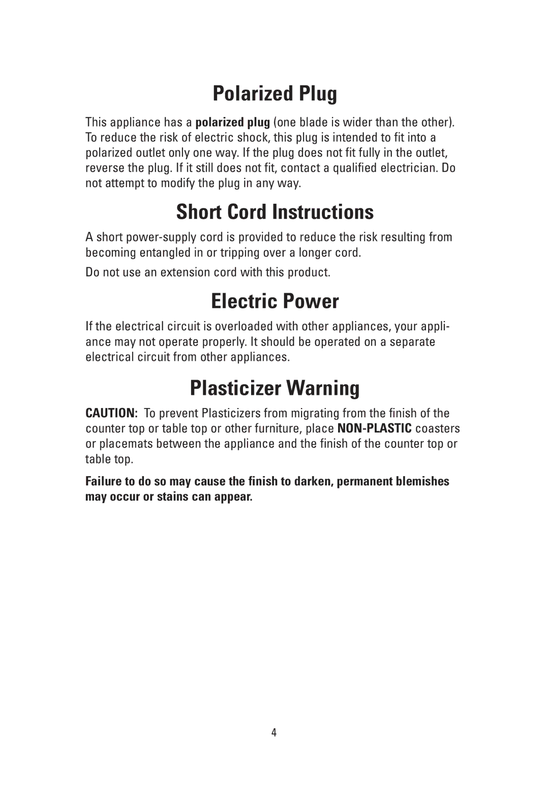 Toastmaster GRV160S owner manual Polarized Plug, Short Cord Instructions, Electric Power, Plasticizer Warning 