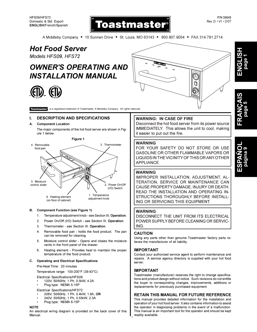 Toastmaster HFS09, HFS72 specifications Owners Operating Installation Manual, Description and Specifications 