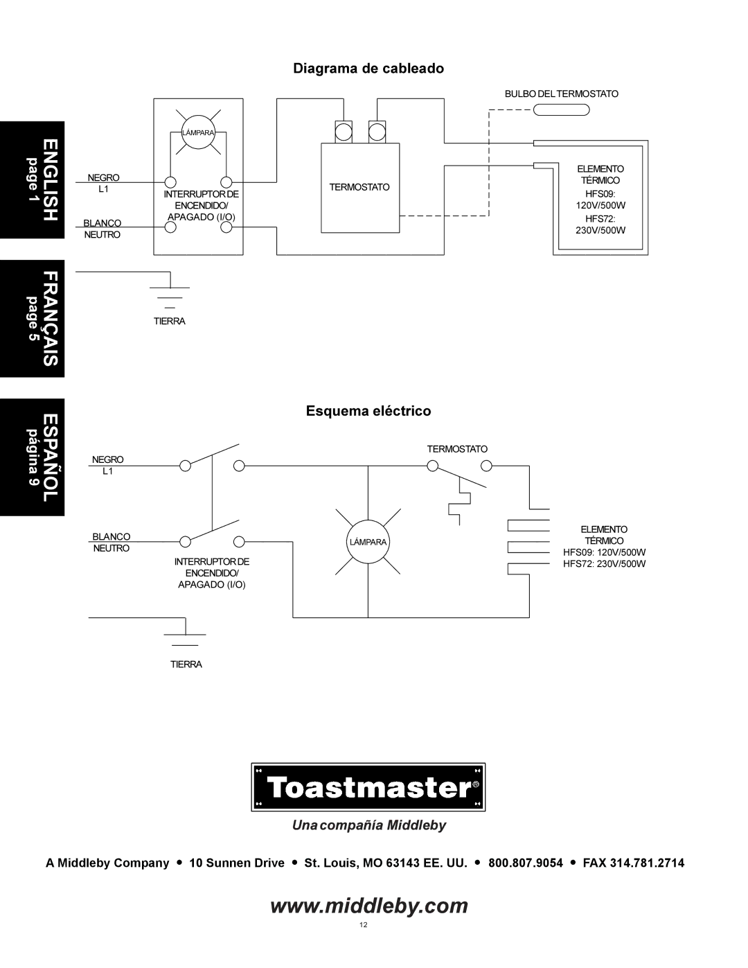 Toastmaster HFS72, HFS09 specifications Diagrama de cableado, Esquema eléctrico 