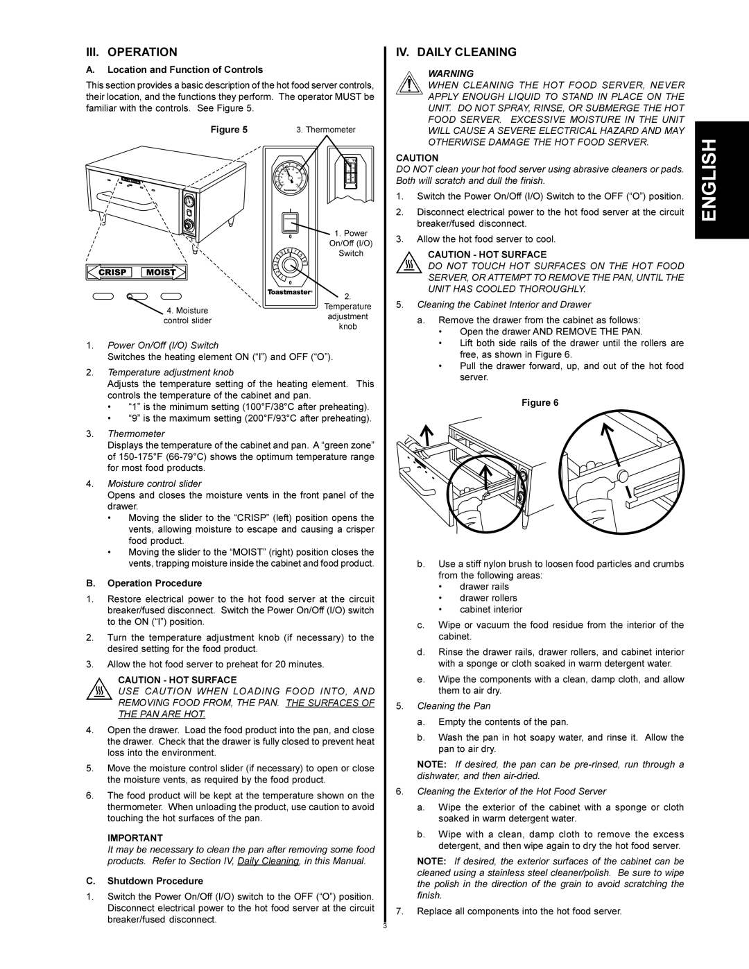 Toastmaster HFS09, HFS72 III. Operation, IV. Daily Cleaning, Location and Function of Controls, Operation Procedure 