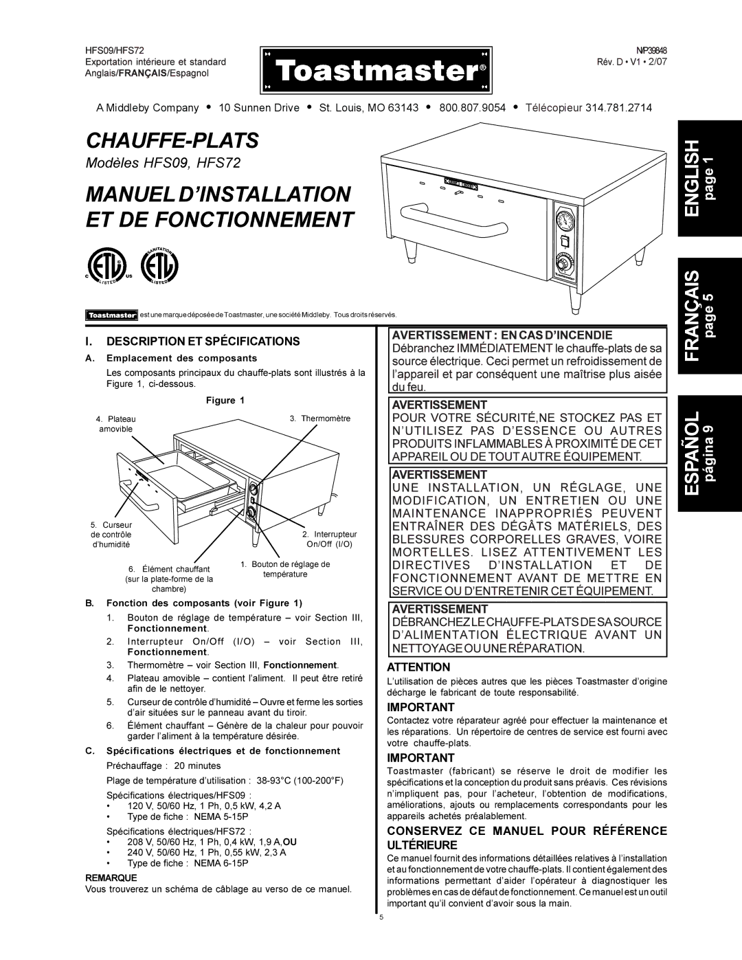 Toastmaster HFS09 Chauffe-Plats, Manuel D’INSTALLATION ET DE Fonctionnement, Description ET Spécifications, Ultérieure 