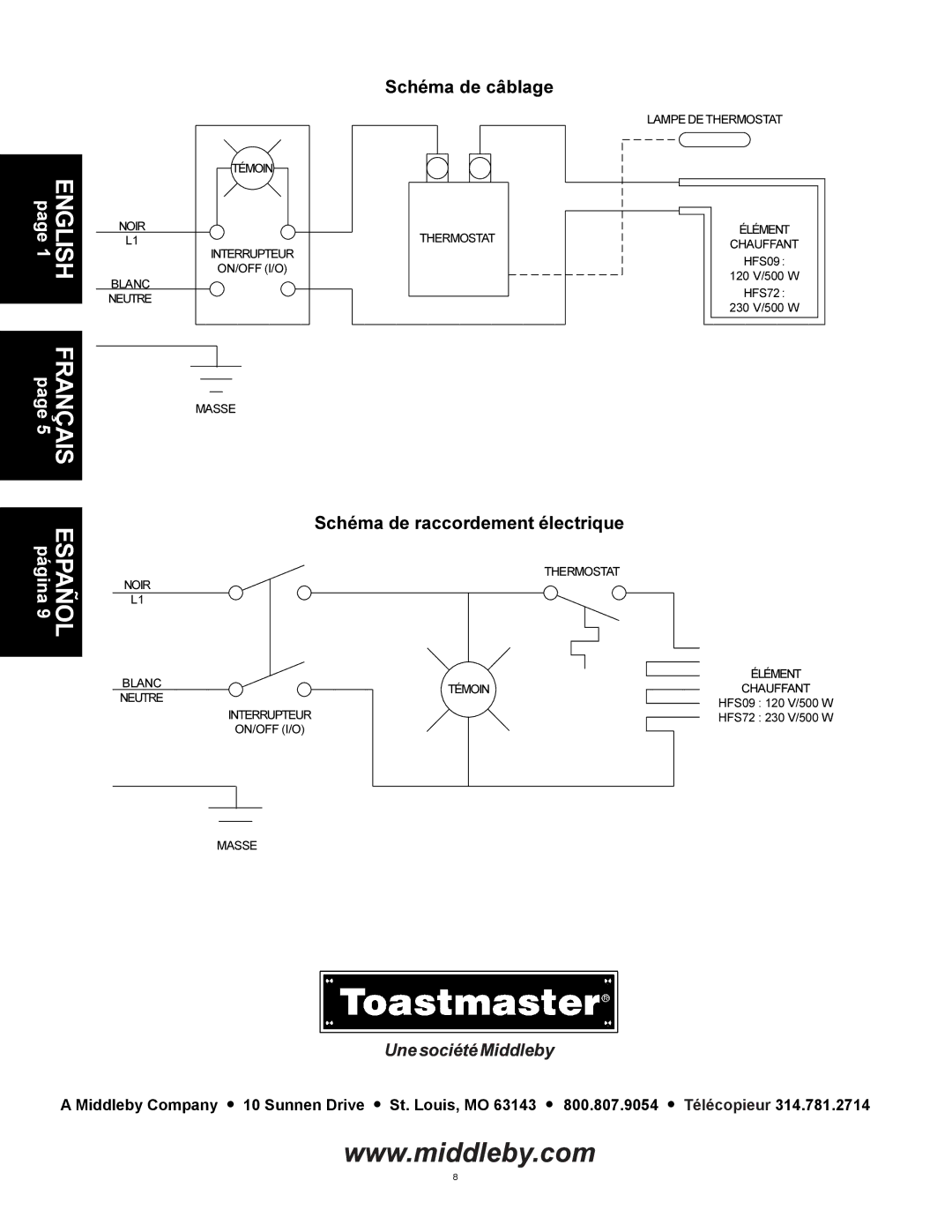 Toastmaster Español, Schéma de câblage, Schéma de raccordement électrique, HFS09 120 V/500 W HFS72 230 V/500 W 