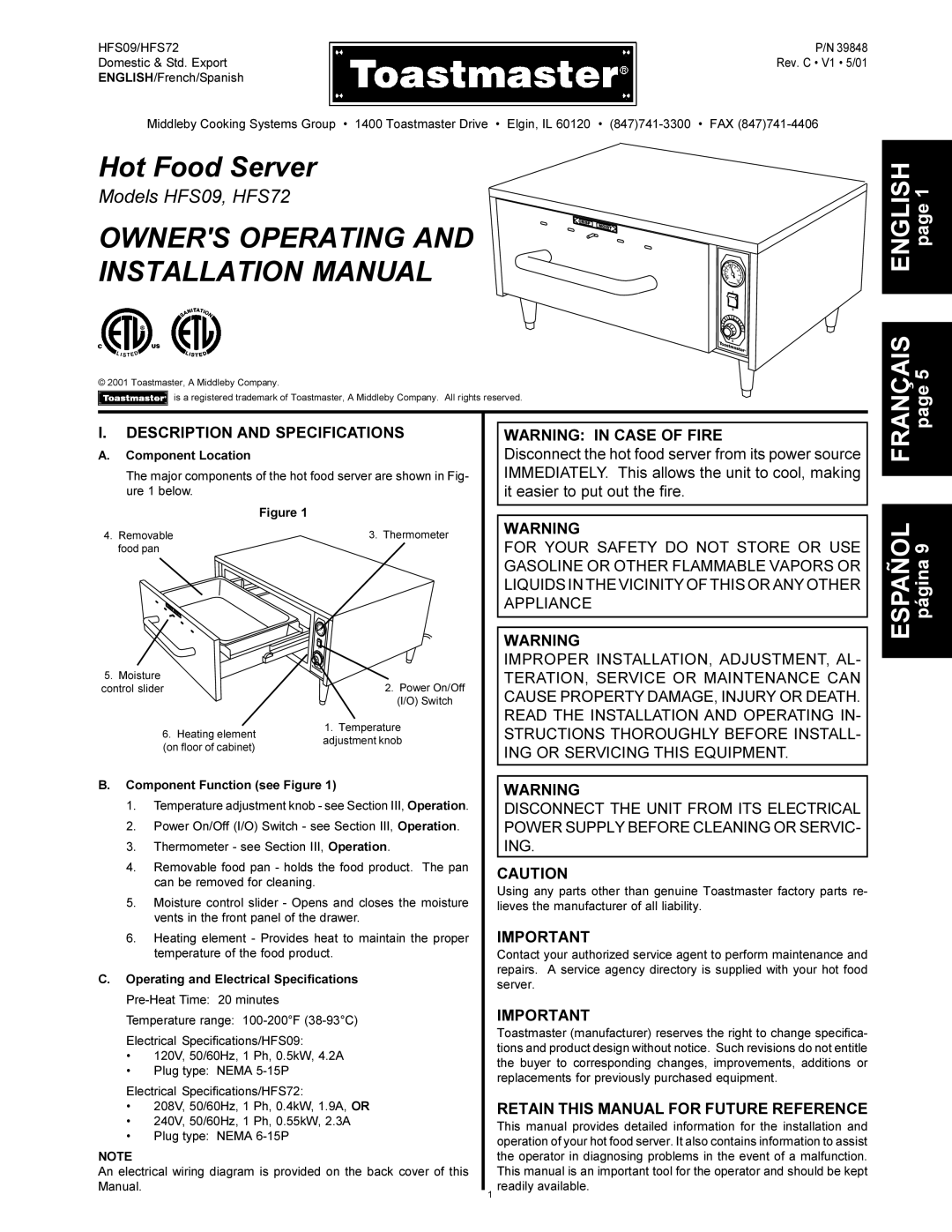 Toastmaster HFS09, HFS72 installation manual Description and Specifications, Retain this Manual for Future Reference 