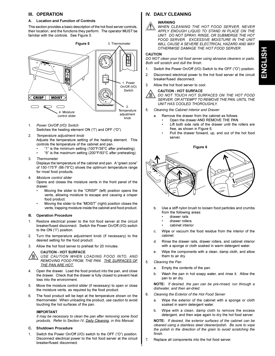 Toastmaster HFS09, HFS72 III. Operation, IV. Daily Cleaning, Location and Function of Controls, Operation Procedure 