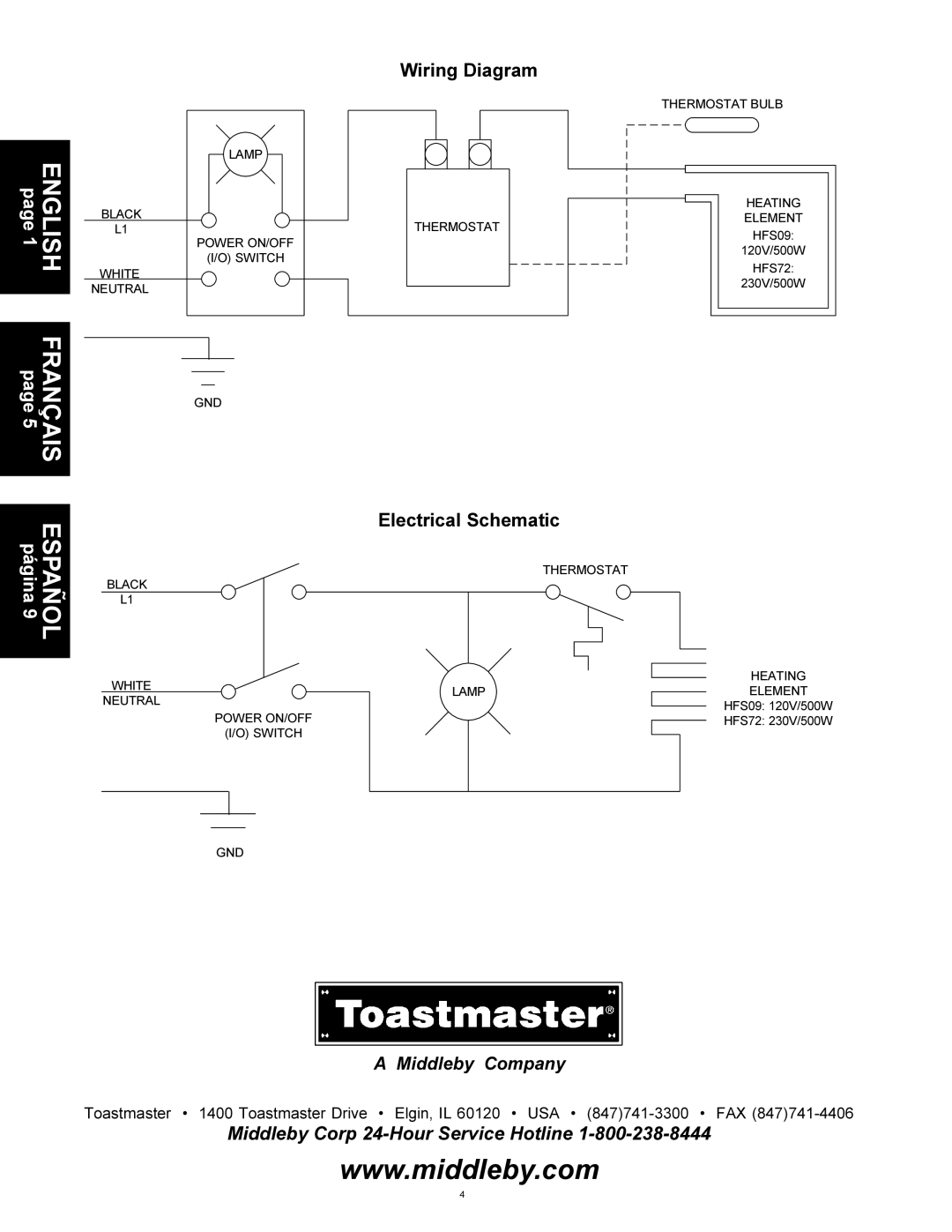 Toastmaster HFS72, HFS09 Lamp Black Power ON/OFF Switch White Neutral GND, Thermostat Thermostat Bulb Heating Element 