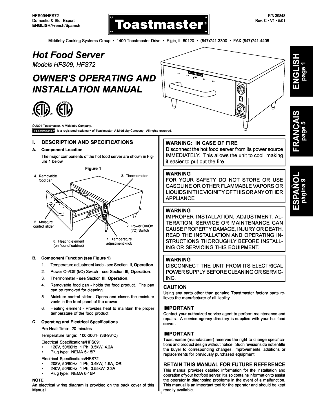 Toastmaster HFS09 installation manual Hot Food Server, Owners Operating And, Installation Manual, Warning In Case Of Fire 