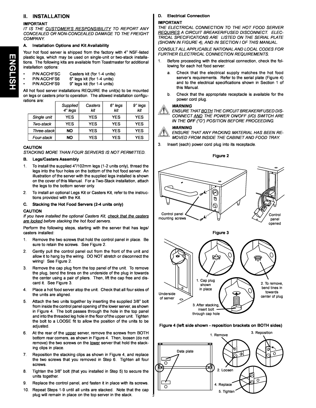 Toastmaster HFS72, HFS09 English, Ii. Installation, A.Installation Options and Kit Availability, B.Legs/Casters Assembly 