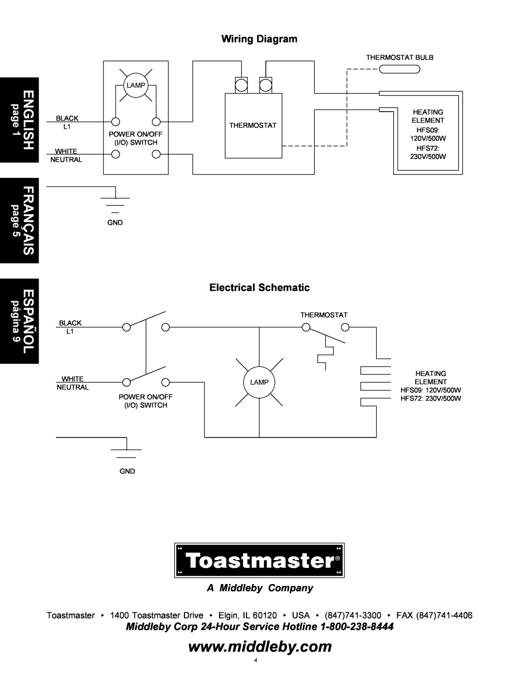 Toastmaster HFS72, HFS09 Wiring Diagram, Electrical Schematic, Middleby Corp 24-HourService Hotline, A Middleby Company 