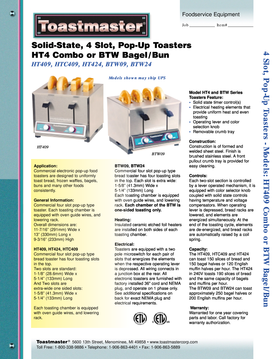 Toastmaster dimensions Slot, HT409, HTC409, HT424, BTW09, BTW24, Foodservice Equipment, Models shown may ship UPS 