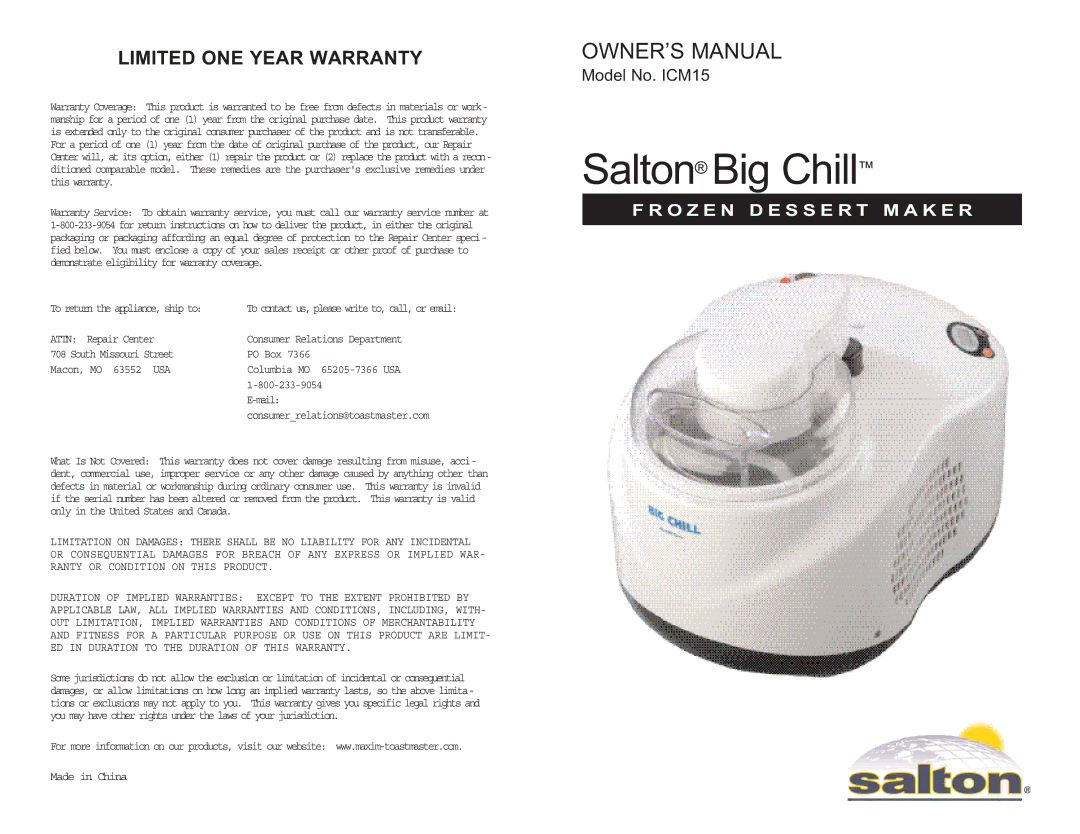 Toastmaster ICM15 owner manual Salton Big Chill 