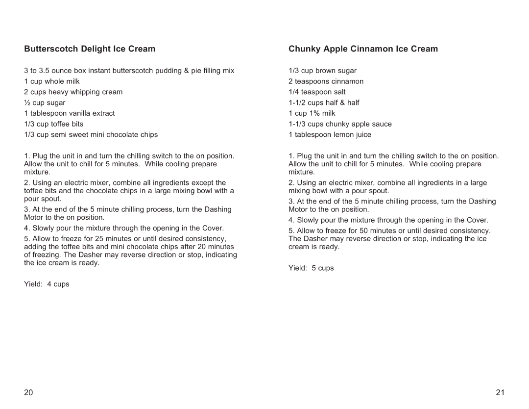 Toastmaster ICM15 owner manual Butterscotch Delight Ice Cream, Chunky Apple Cinnamon Ice Cream 