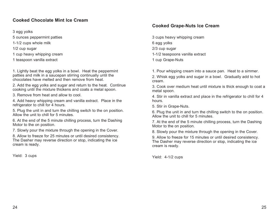 Toastmaster ICM15 owner manual Cooked Chocolate Mint Ice Cream, Cooked Grape-Nuts Ice Cream 