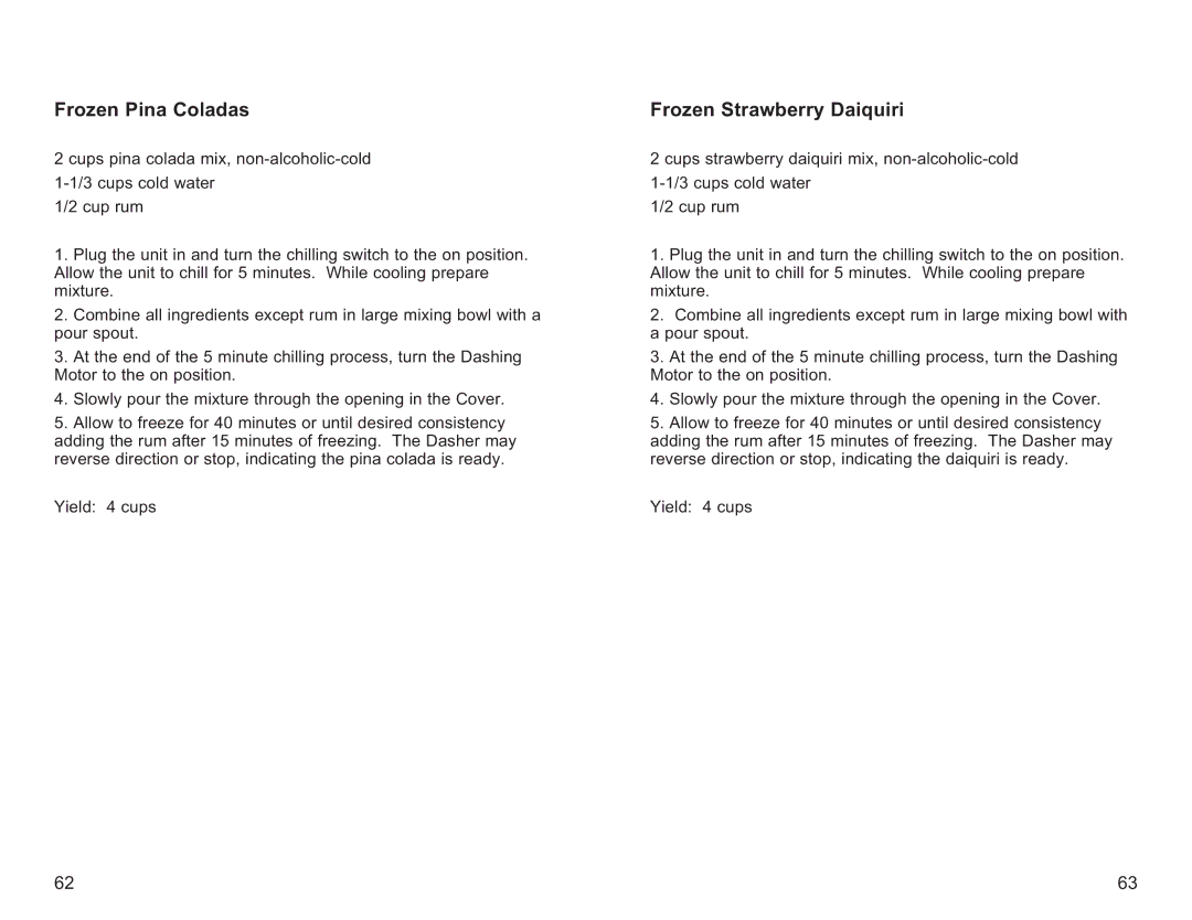 Toastmaster ICM15 owner manual Frozen Pina Coladas, Frozen Strawberry Daiquiri 