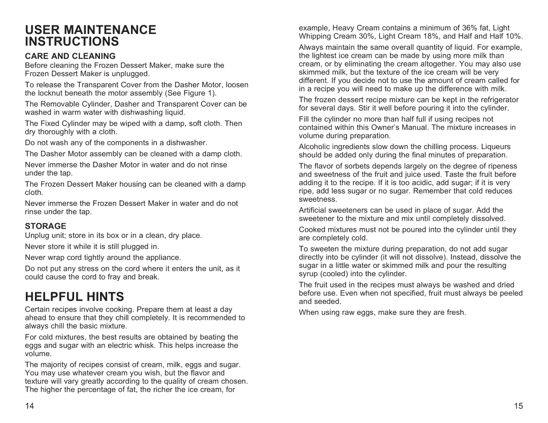 Toastmaster ICM15 owner manual User Maintenance Instructions 