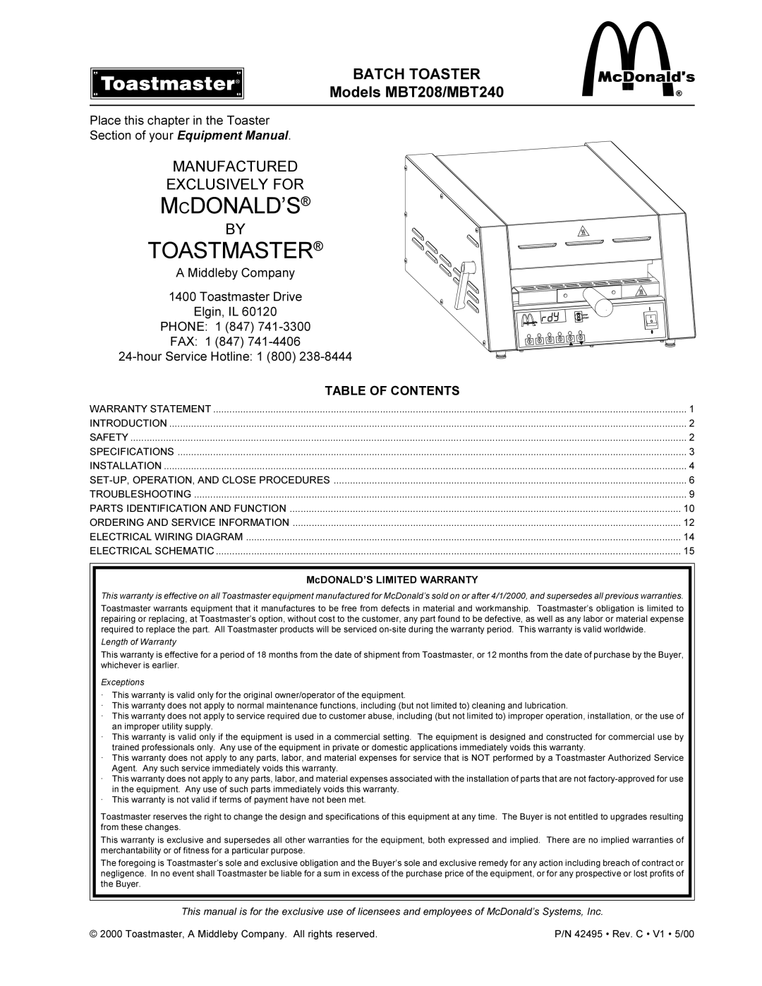 Toastmaster warranty Batch Toaster, Models MBT208/MBT240 