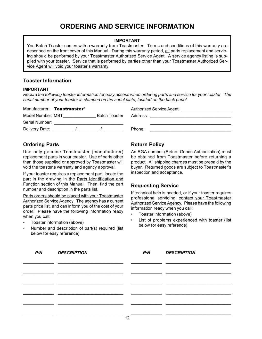 Toastmaster MBT240, MBT208 warranty Ordering and Service Information, Toaster Information, Ordering Parts, Return Policy 