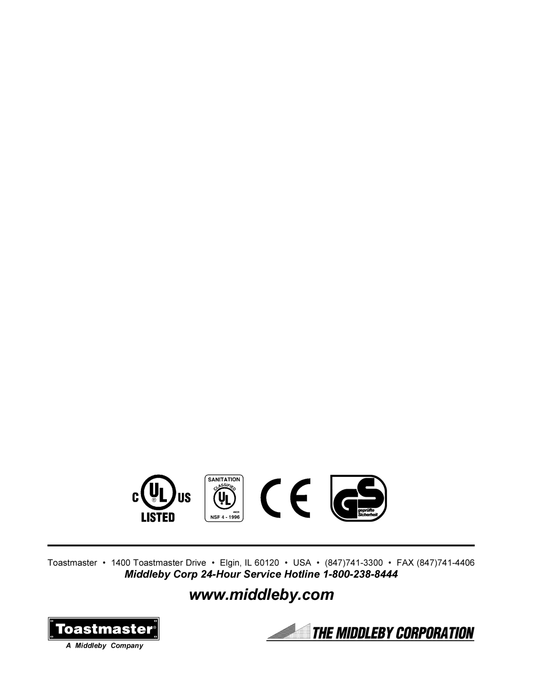 Toastmaster MBT240, MBT208 warranty Middleby Corp 24-Hour Service Hotline 