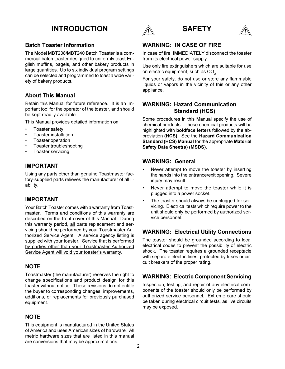 Toastmaster MBT240, MBT208 warranty Introductionsafety, Batch Toaster Information, About This Manual 