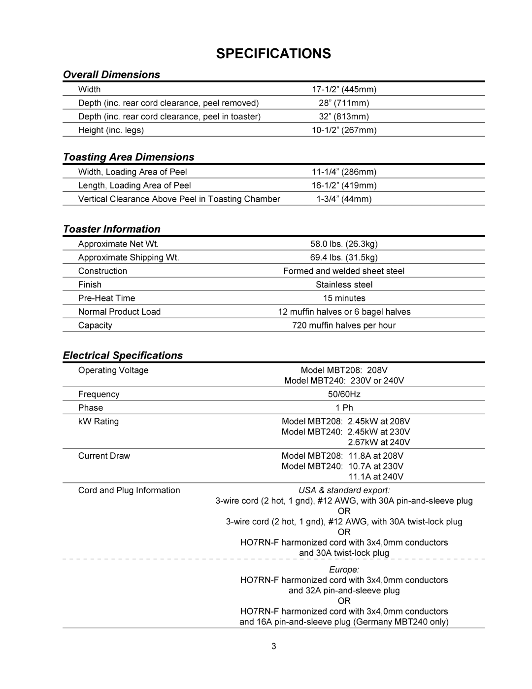 Toastmaster MBT208, MBT240 warranty Specifications, Overall Dimensions 