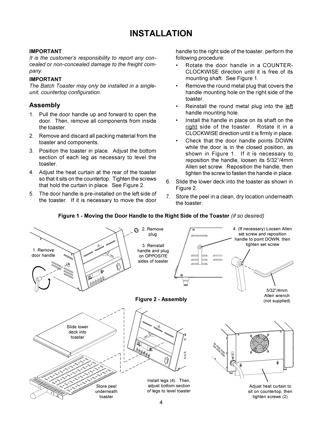 Toastmaster MBT240, MBT208 warranty Installation, Assembly 