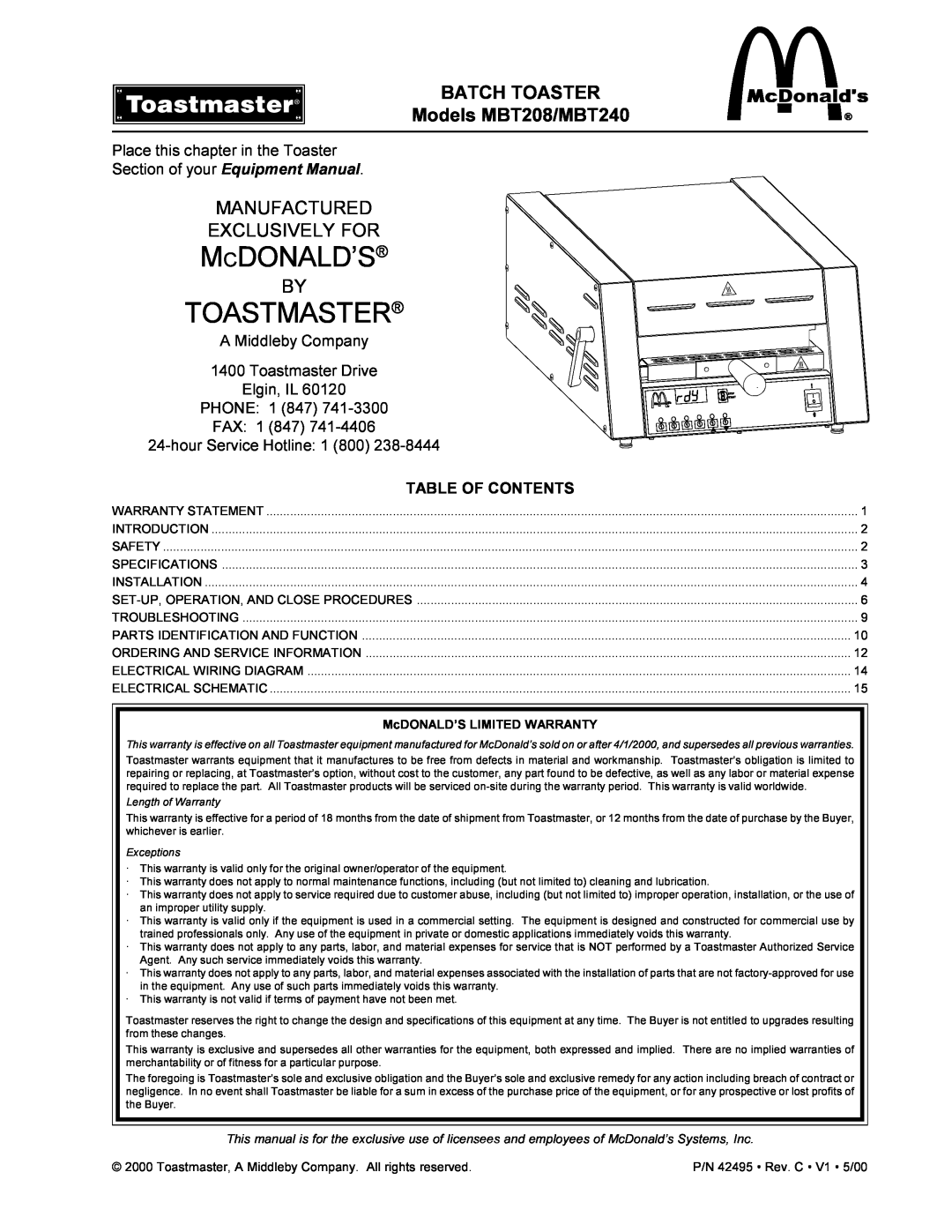 Toastmaster warranty Batch Toaster, Models MBT208/MBT240, Table Of Contents, Mcdonald’S, Toastmaster, Manufactured 
