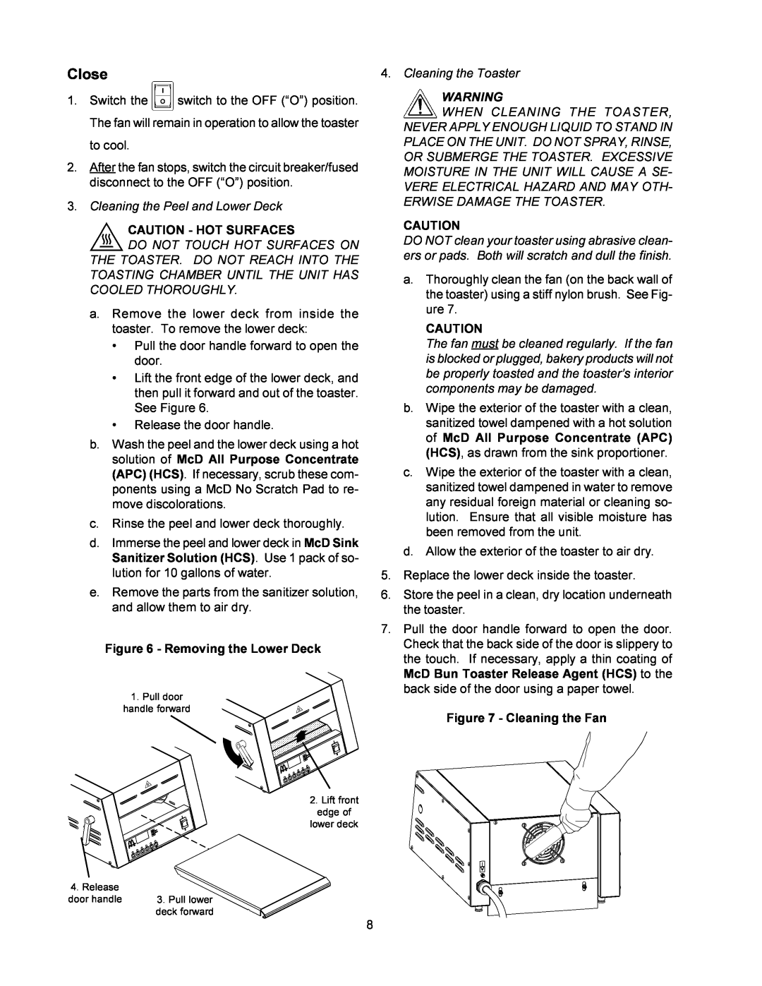 Toastmaster MBT240, MBT208 warranty Close, Removing the Lower Deck, Cleaning the Fan, Caution - Hot Surfaces 