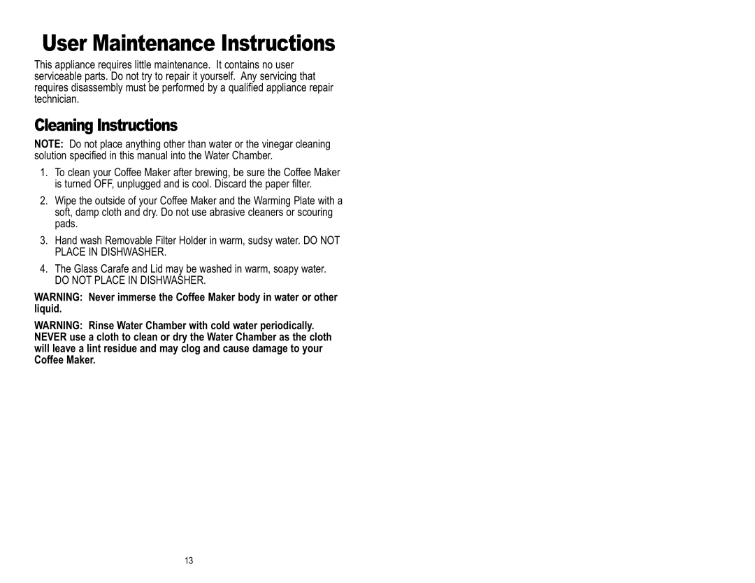 Toastmaster ME12DSBCAN manual User Maintenance Instructions, Cleaning Instructions 