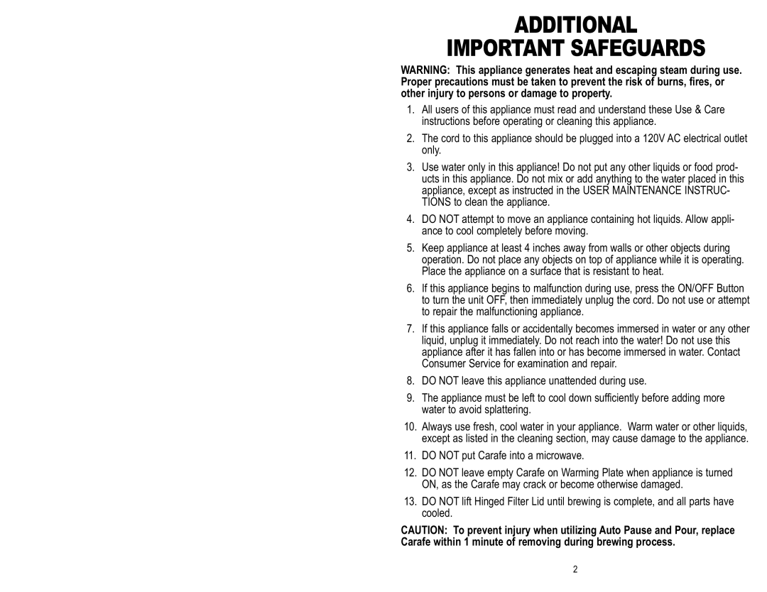 Toastmaster ME12DSBCAN manual Additional Important Safeguards 