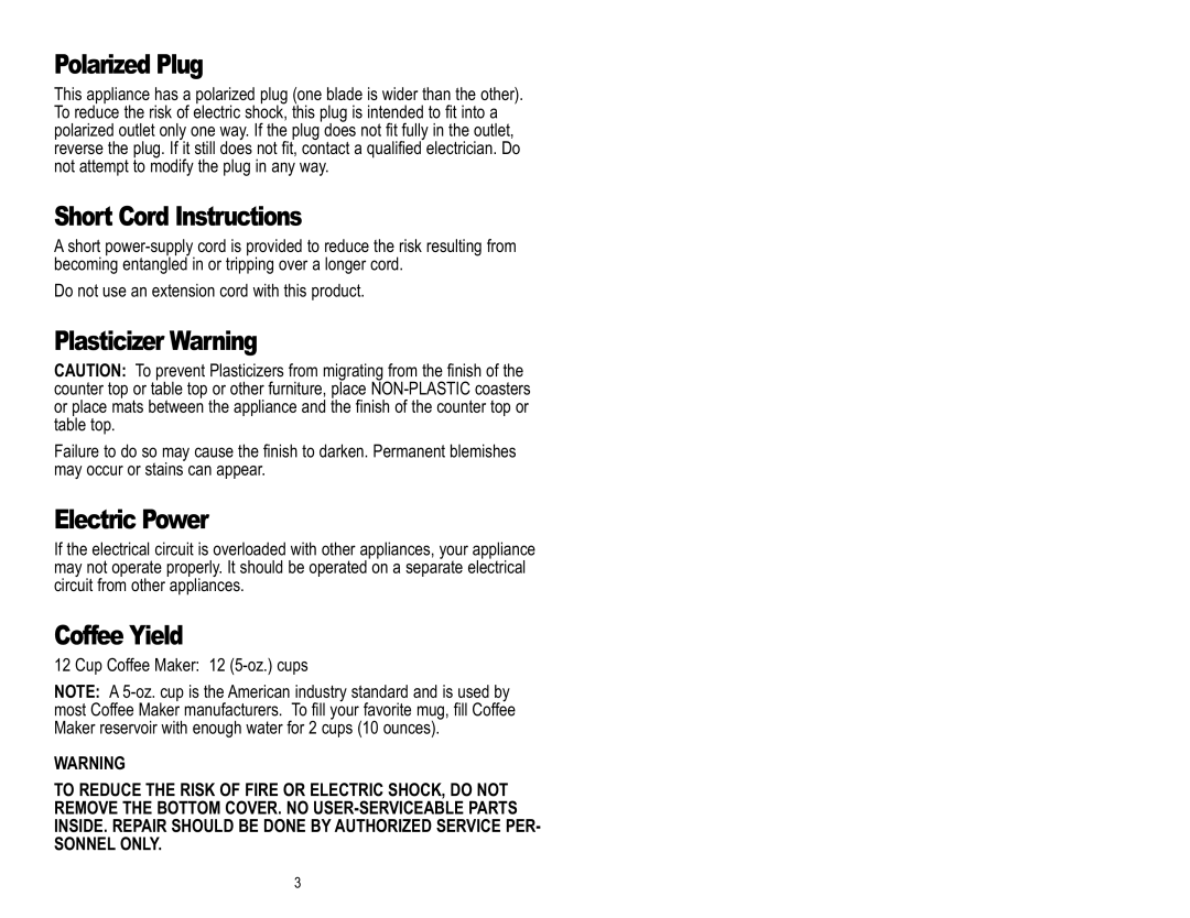 Toastmaster ME12DSBCAN manual Polarized Plug, Short Cord Instructions, Plasticizer Warning, Electric Power, Coffee Yield 