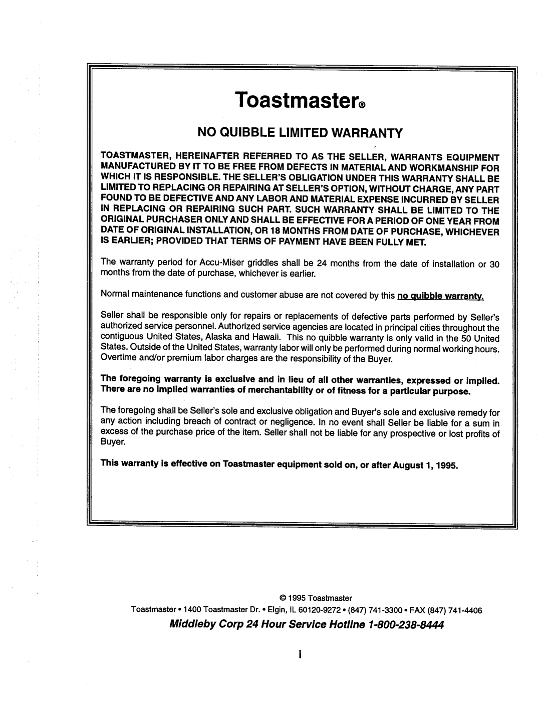 Toastmaster CO36, MH36, RH36 manual 