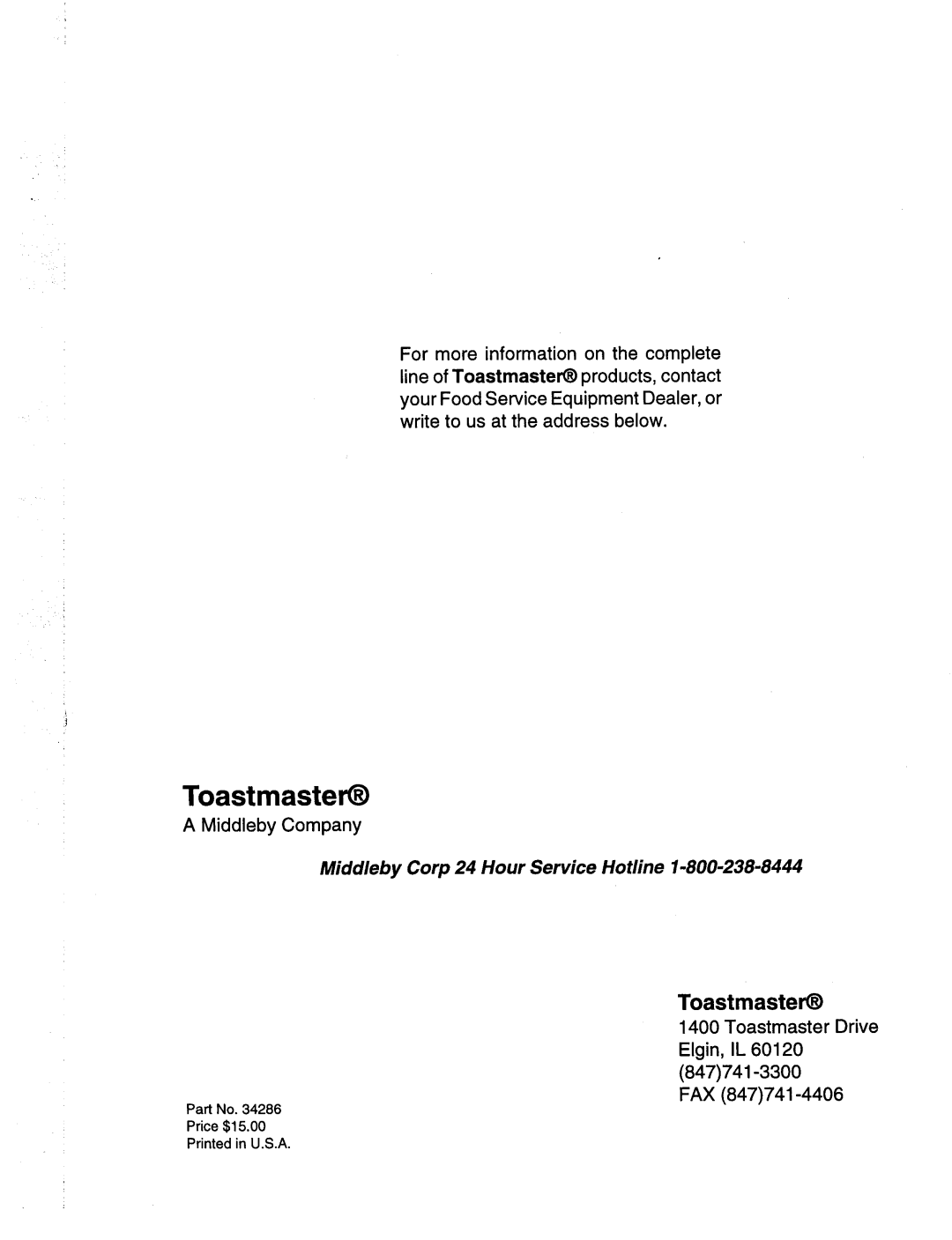 Toastmaster CO36, MH36, RH36 manual 