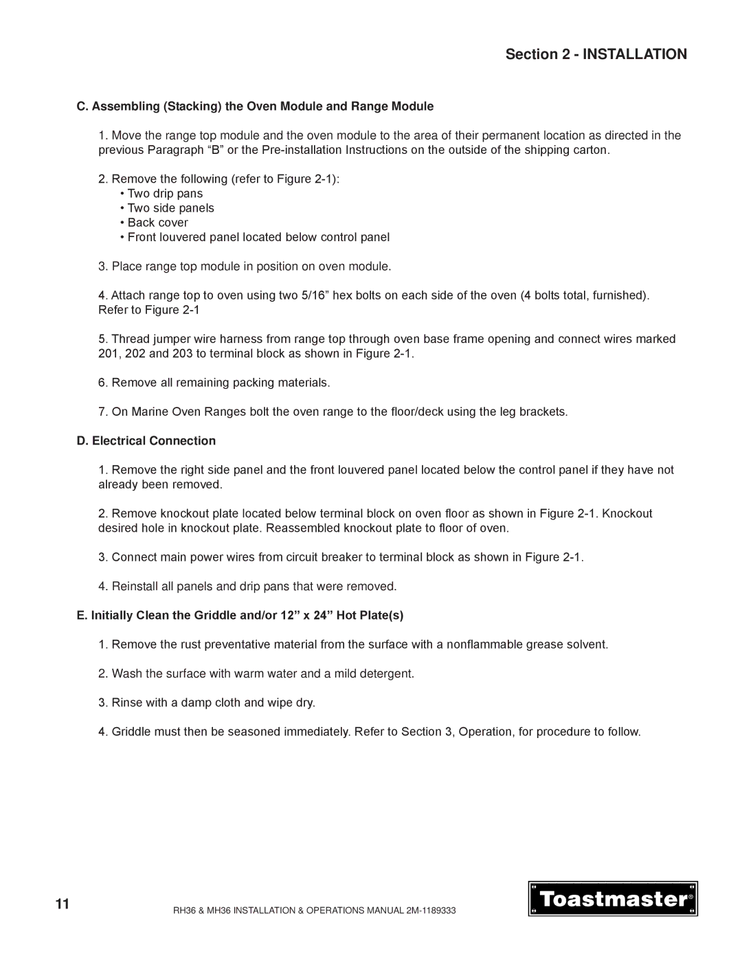 Toastmaster RH36, MH36 manual Assembling Stacking the Oven Module and Range Module, Electrical Connection 